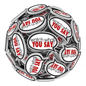 Watch What You Say words in speech bubbles or clouds to remind you to be careful with sensitive or offensive language and be politically correct